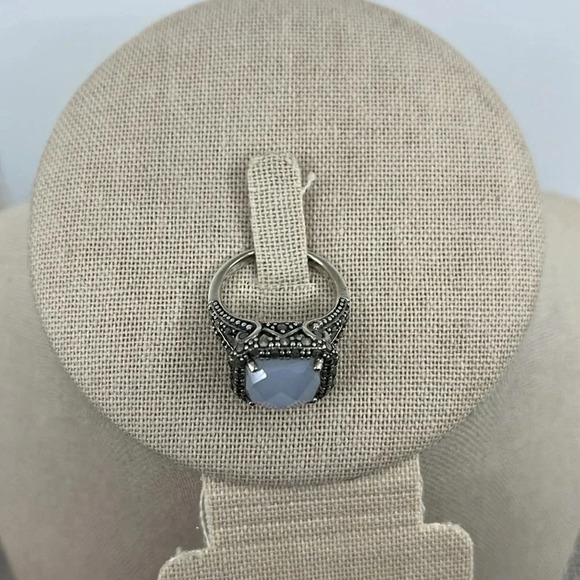 💎 Rare QVC Sterling Silver Gray Chalcedony & Marcasite Ring - Size 7 - Picture 9 of 17